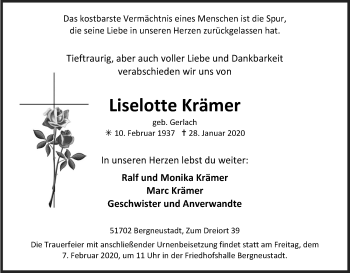 Anzeige von Liselotte Krämer von Kölner Stadt-Anzeiger / Kölnische Rundschau / Express