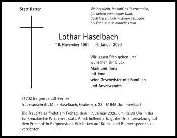 Anzeige von Lothar Haselbach von Kölner Stadt-Anzeiger / Kölnische Rundschau / Express