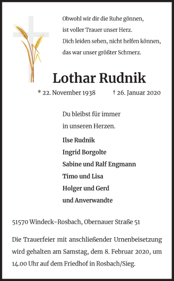 Anzeige von Lothar Rudnik von Kölner Stadt-Anzeiger / Kölnische Rundschau / Express