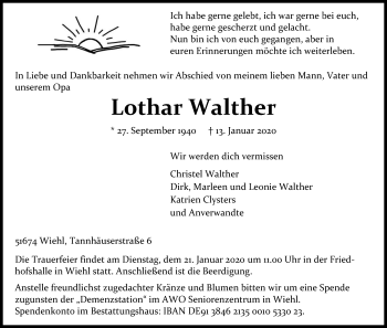 Anzeige von Lothar Walther von Kölner Stadt-Anzeiger / Kölnische Rundschau / Express