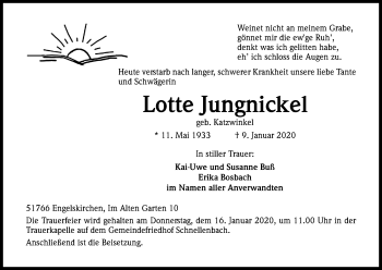 Anzeige von Lotte Jungnickel von Kölner Stadt-Anzeiger / Kölnische Rundschau / Express