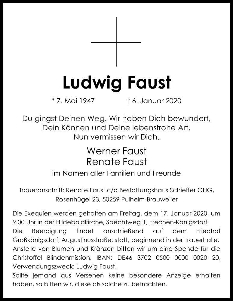  Traueranzeige für Ludwig Faust vom 15.01.2020 aus Kölner Stadt-Anzeiger / Kölnische Rundschau / Express