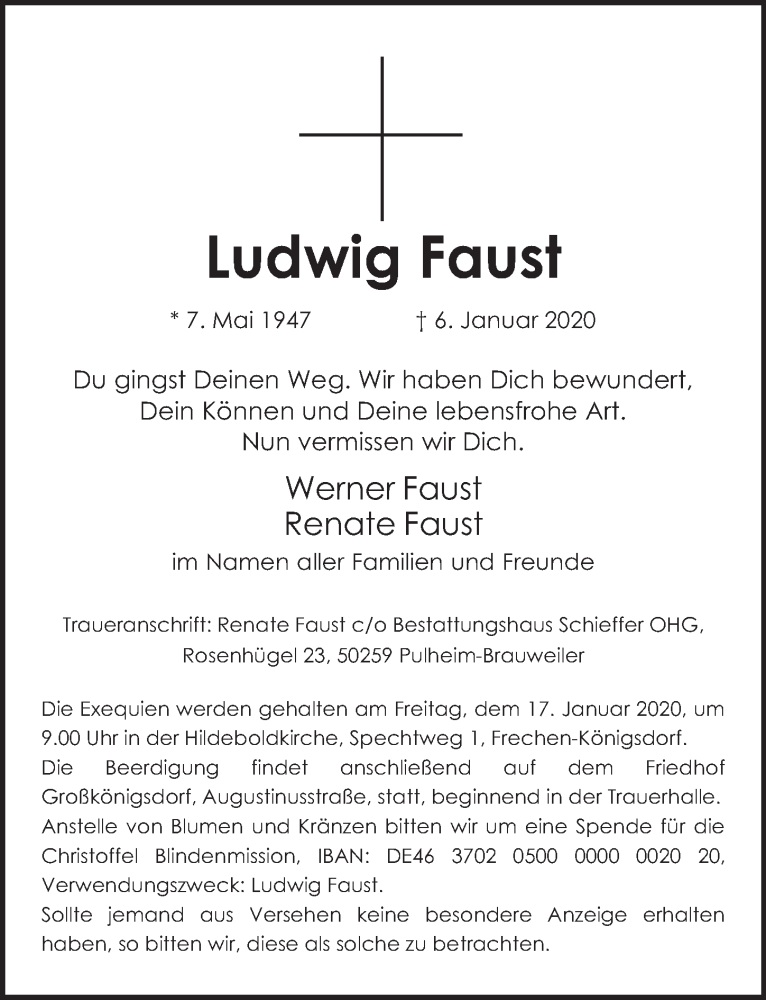  Traueranzeige für Ludwig Faust vom 15.01.2020 aus  Wochenende 