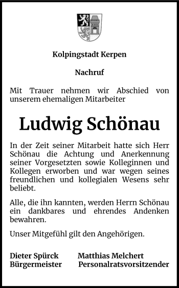 Anzeige von Ludwig Schönau von Kölner Stadt-Anzeiger / Kölnische Rundschau / Express