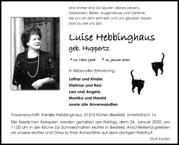 Anzeige von Luise Hebbinghaus von Kölner Stadt-Anzeiger / Kölnische Rundschau / Express