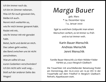 Anzeige von MArga Bauer von Kölner Stadt-Anzeiger / Kölnische Rundschau / Express
