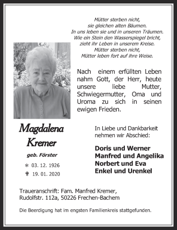 Anzeige von Magdalena Kremer von  Wochenende 