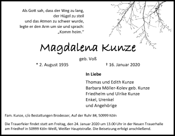 Anzeige von Magdalena Kunze von Kölner Stadt-Anzeiger / Kölnische Rundschau / Express