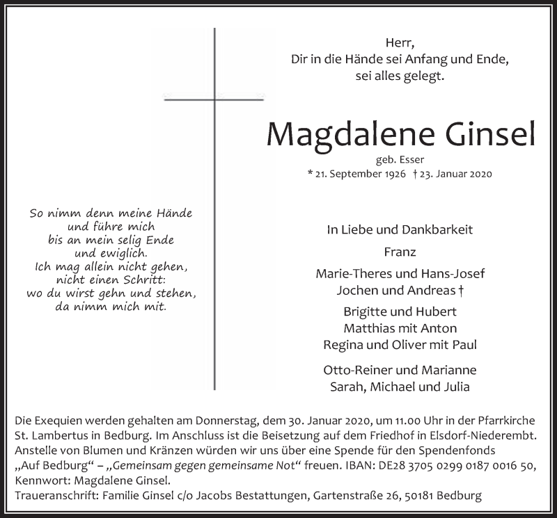  Traueranzeige für Magdalene Ginsel vom 29.01.2020 aus  Werbepost 