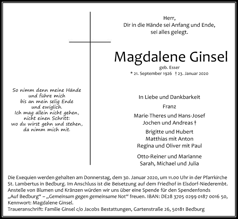  Traueranzeige für Magdalene Ginsel vom 28.01.2020 aus Kölner Stadt-Anzeiger / Kölnische Rundschau / Express
