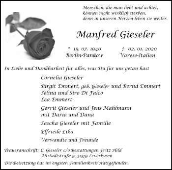 Anzeige von Manfred Gieseler von Kölner Stadt-Anzeiger / Kölnische Rundschau / Express