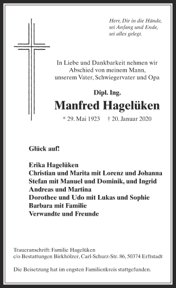 Anzeige von Manfred Hagelüken von  Werbepost 