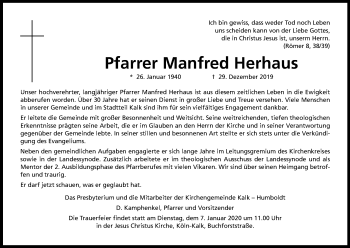 Anzeige von Manfred Herhaus von Kölner Stadt-Anzeiger / Kölnische Rundschau / Express