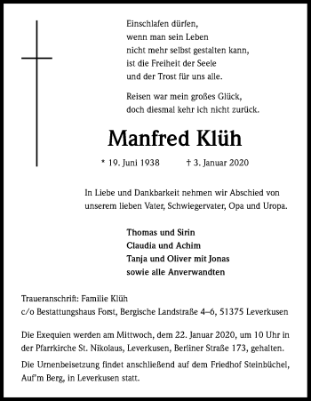 Anzeige von Manfred Klüh von Kölner Stadt-Anzeiger / Kölnische Rundschau / Express
