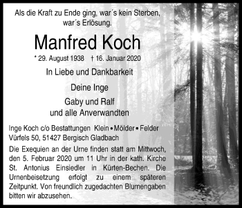 Anzeige von Manfred Koch von Kölner Stadt-Anzeiger / Kölnische Rundschau / Express