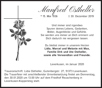Anzeige von Manfred Ostheller von Kölner Stadt-Anzeiger / Kölnische Rundschau / Express