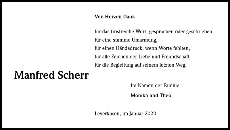  Traueranzeige für Manfred Scherr vom 18.01.2020 aus Kölner Stadt-Anzeiger / Kölnische Rundschau / Express