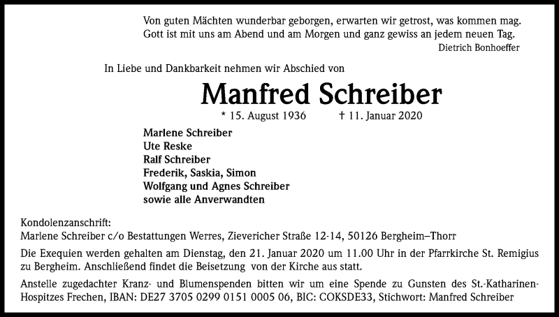  Traueranzeige für Manfred Schreiber vom 15.01.2020 aus Kölner Stadt-Anzeiger / Kölnische Rundschau / Express