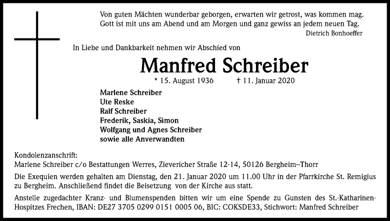  Traueranzeige für Manfred Schreiber vom 16.01.2020 aus Kölner Stadt-Anzeiger / Kölnische Rundschau / Express