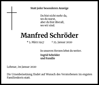 Anzeige von Manfred Schröder von Kölner Stadt-Anzeiger / Kölnische Rundschau / Express