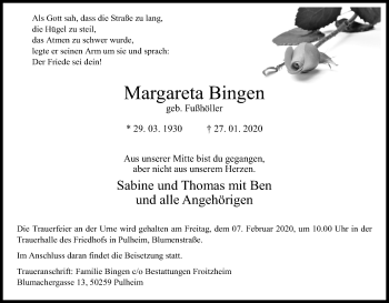 Anzeige von Margareta Bingen von Kölner Stadt-Anzeiger / Kölnische Rundschau / Express