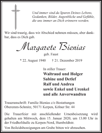 Anzeige von Margarete Bienias von  Bergisches Sonntagsblatt  Sonntags-Post 