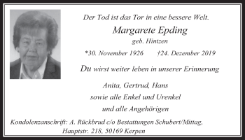 Anzeige von Margarete Epding von  Werbepost 