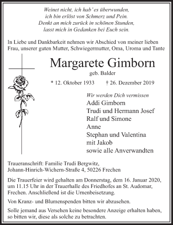 Anzeige von Margarete Gimborn von  Sonntags-Post 