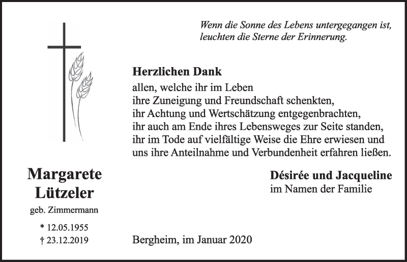  Traueranzeige für Margarete Lützeler vom 25.01.2020 aus  Sonntags-Post 