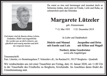 Anzeige von Margarete Lützeler von  Sonntags-Post 