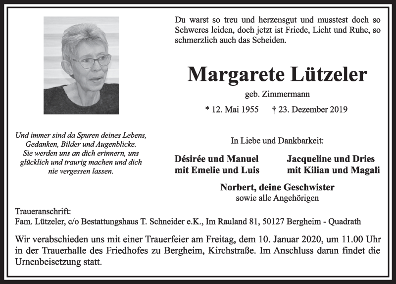  Traueranzeige für Margarete Lützeler vom 04.01.2020 aus  Sonntags-Post 