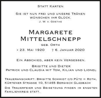 Anzeige von Margarete Mittelschnepp von  Bergisches Handelsblatt 