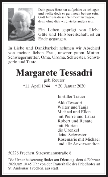 Anzeige von Margarete Tessadri von  Wochenende 