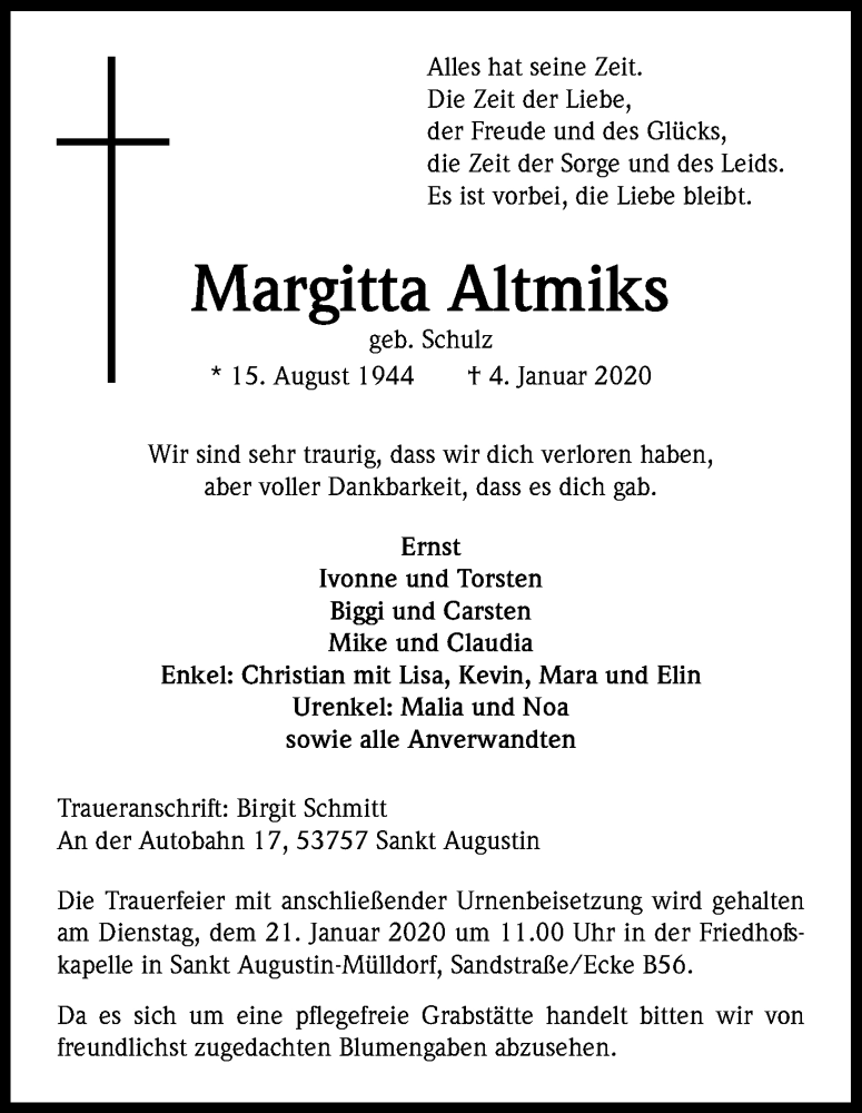  Traueranzeige für Margitta Altmiks vom 11.01.2020 aus Kölner Stadt-Anzeiger / Kölnische Rundschau / Express