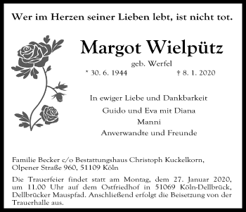 Anzeige von Margot Wielpütz von Kölner Stadt-Anzeiger / Kölnische Rundschau / Express