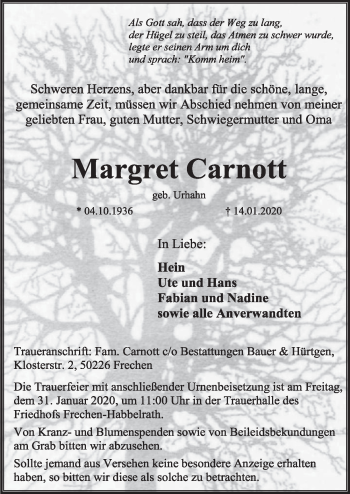 Anzeige von Margret Carnott von  Sonntags-Post 