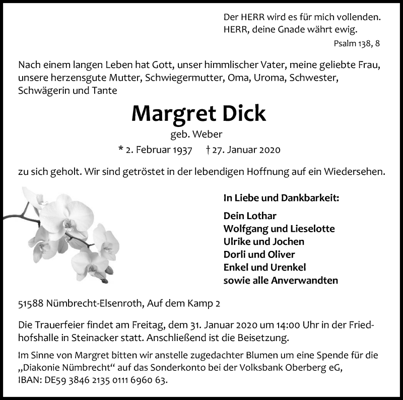  Traueranzeige für Margret Dick vom 29.01.2020 aus Kölner Stadt-Anzeiger / Kölnische Rundschau / Express