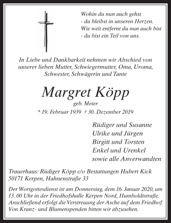 Anzeige von Margret Köpp von  Werbepost 