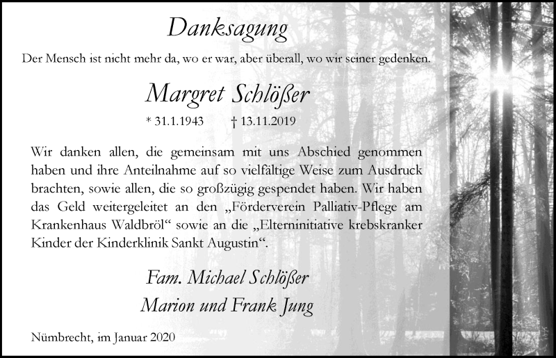  Traueranzeige für Margret Schlößer vom 15.01.2020 aus  Lokalanzeiger 