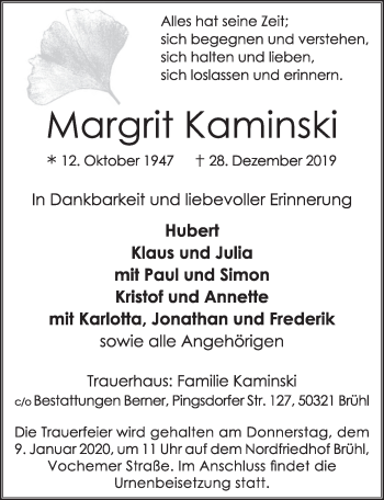 Anzeige von Margrit Kaminski von  Schlossbote/Werbekurier 