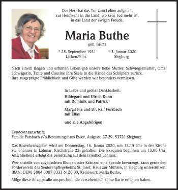 Anzeige von Maria Buthe von Kölner Stadt-Anzeiger / Kölnische Rundschau / Express