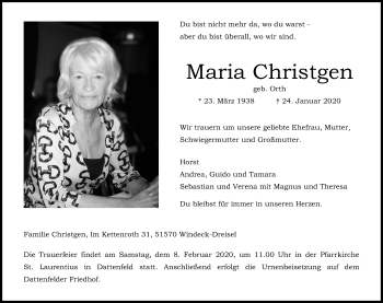 Anzeige von Maria Christgen von Kölner Stadt-Anzeiger / Kölnische Rundschau / Express