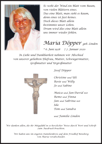 Anzeige von Maria Döpper von Kölner Stadt-Anzeiger / Kölnische Rundschau / Express