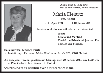 Anzeige von Maria Heiartz von  Sonntags-Post 