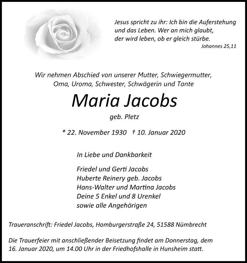  Traueranzeige für Maria Jacobs vom 14.01.2020 aus Kölner Stadt-Anzeiger / Kölnische Rundschau / Express
