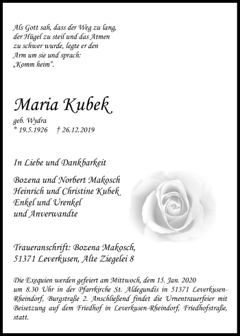 Anzeige von Maria Kubek von Kölner Stadt-Anzeiger / Kölnische Rundschau / Express