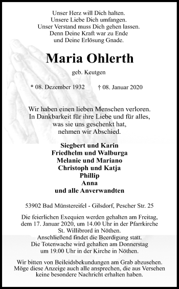Anzeige von Maria Ohlerth von Kölner Stadt-Anzeiger / Kölnische Rundschau / Express