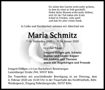 Anzeige von Maria Schmitz von Kölner Stadt-Anzeiger / Kölnische Rundschau / Express