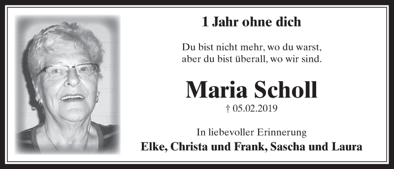  Traueranzeige für Maria Scholl vom 29.01.2020 aus  Wochenende 