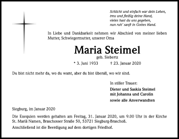 Anzeige von Maria Steimel von Kölner Stadt-Anzeiger / Kölnische Rundschau / Express